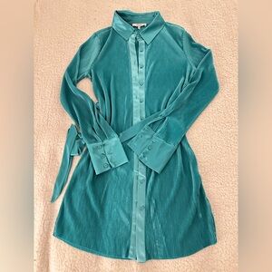 Bright Teal Button-Down Mini Dress / Long Blouse Tie Waist Size Small